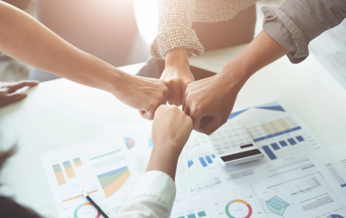Business team works together with a fractional CFO to come up with a fundraising plan.